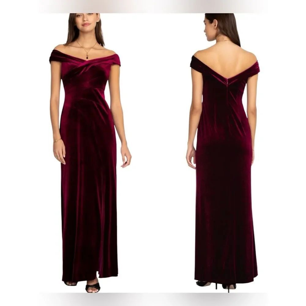 NWTs Johnny Was Burgundy Red Velvet Off Shoulder Maxi Length Formal Dress Sz 18